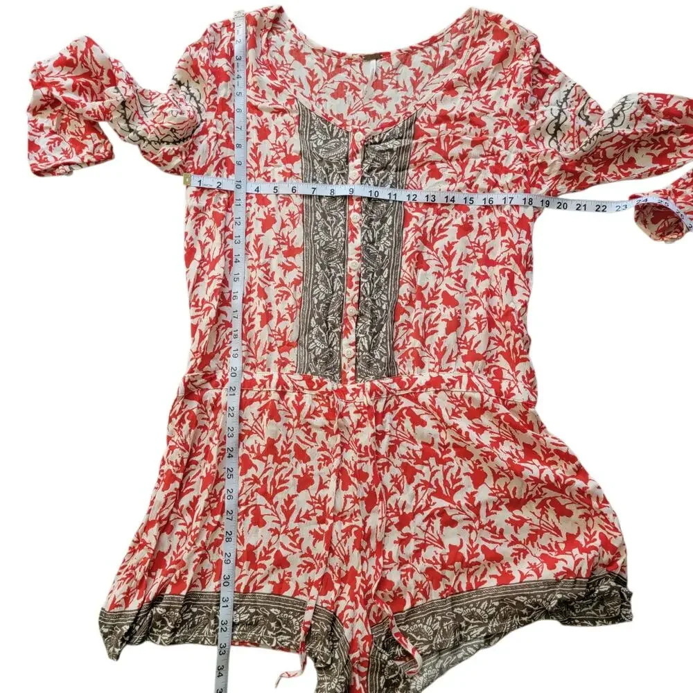 Free People Gardenia Floral Resort Romper Red Tie Waist Long Sleeve Size Medium